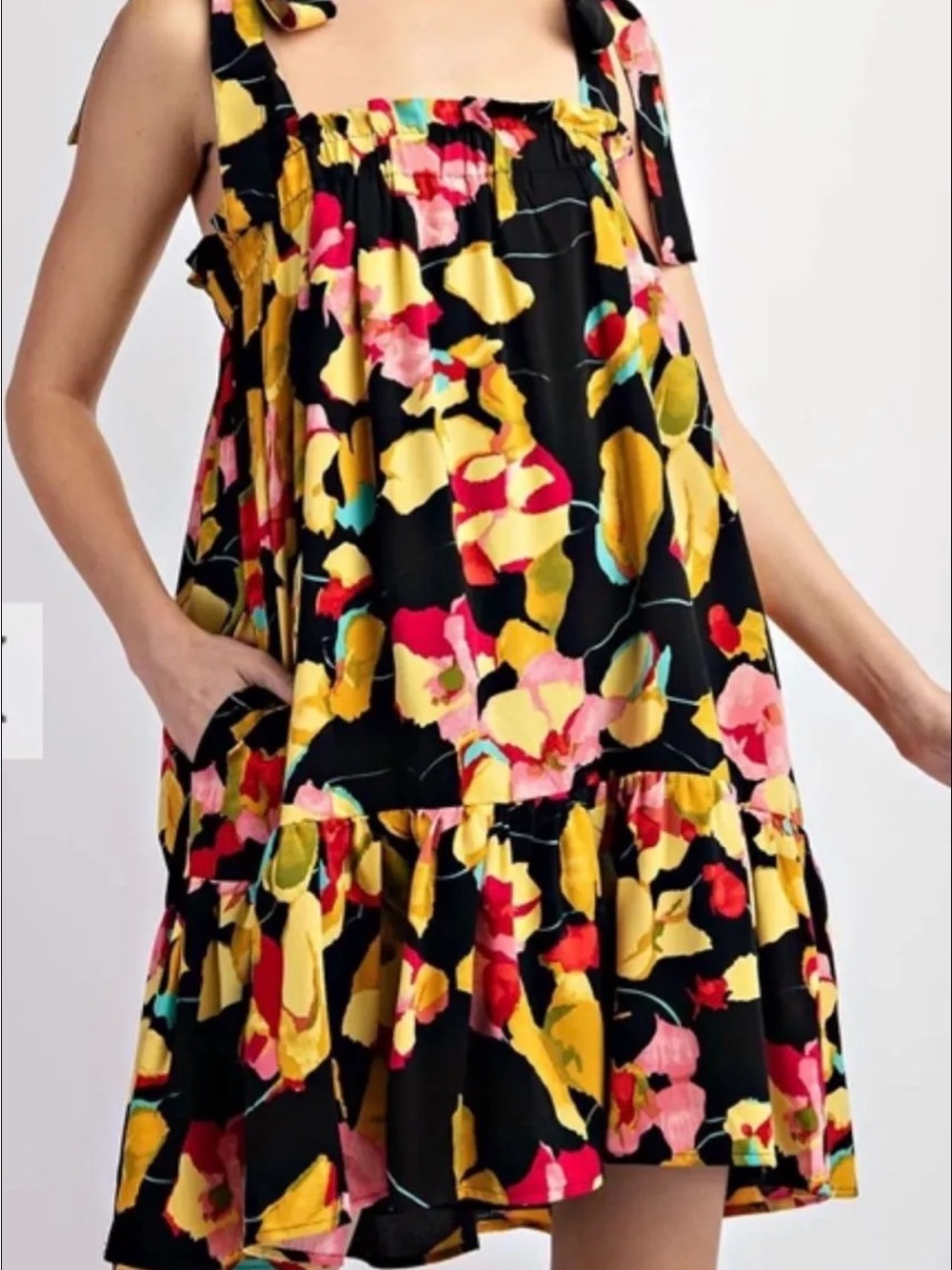 Black Floral Tie-Shoulder Sundress with Yellow and Pink Blooms